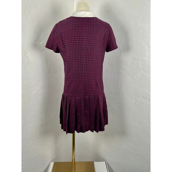 HOUNDSTOOTH MINI DRESS in Navy Burgundy Pleated Drop Waist (Womens: 6-8) - Picture 11 of 16